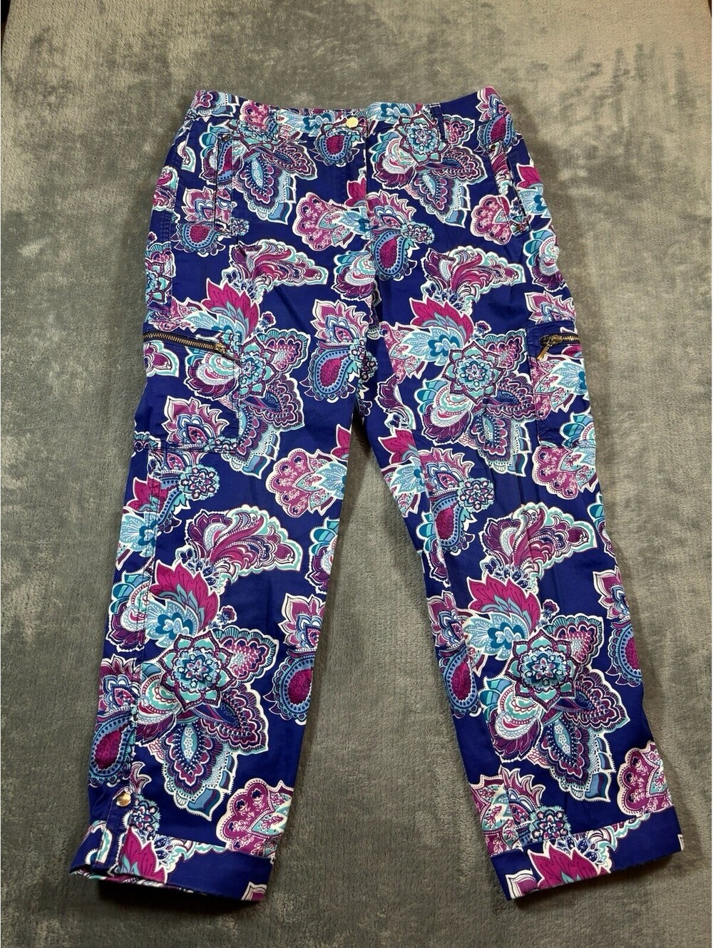 CHICOS Cropped Pants Womens Size 00 XS Floral Blue Boho Bright Colorful Paisley